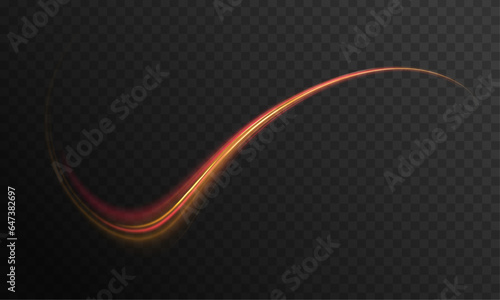 Abstract shiny color gold wave light effect vector illustration. Wavy glowing bright flowing curve lines, magic glow energy stream motion with particle isolated on transparent black background. 