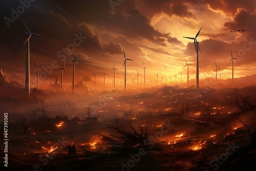 Burning wind turbines symbolize the energy crisis and pollution in a technology-driven world. Generative AI