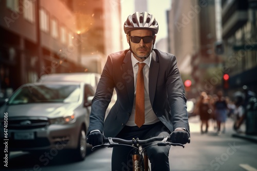 businessman wearing helmet biking with bicycle on road