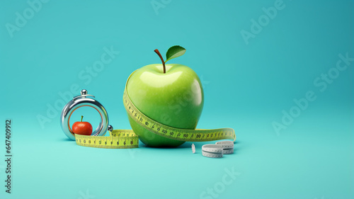 diet concept. apple on measuring tape. diet and loss concept