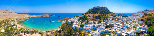 Panoramic view of Lindos village and Acropolis, Rhodes, Greece