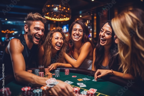 Group of happy friends playing and winning poker at casino, gambling games