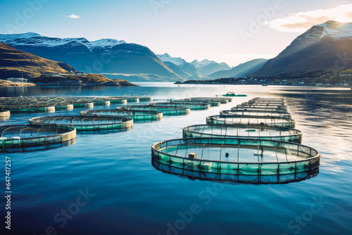 Top view of fish farms in Norway, fishing industry concept with mountains in background