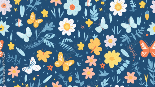 Cute spring vector seamless pattern with sun, butterflies, flowers and other plants on blue background