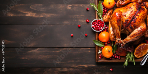 Thanksgiving whole roast turkey on brown wood plank table, flat lay with copyspace, top view, fall food cooking, banner