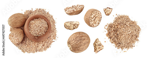 Whole and grated nutmeg in wooden bowl isolated on white background with full depth of field. Top view. Flat lay