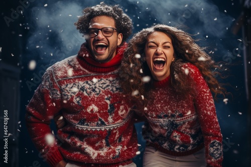 Man and woman wearing ugly christmas sweater 