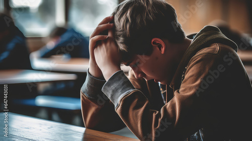 Bullying at high school concept. Upset bullied teen boy suffering sitting against the blurred classroom. Hands holding his head, hiding his face and crying. 