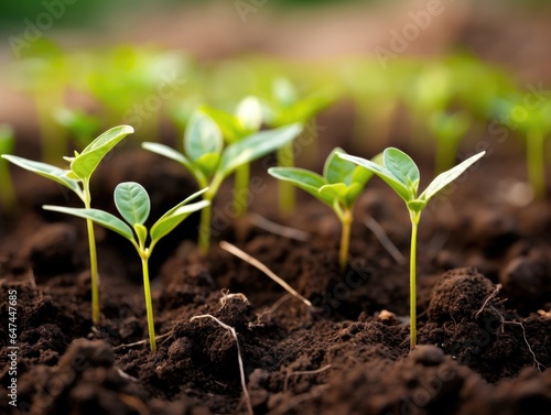 A closeup shot of seedlings planted in rich, black soil, symbolizing hope and efforts to reintroduce carbon sequestering organisms into the environment.