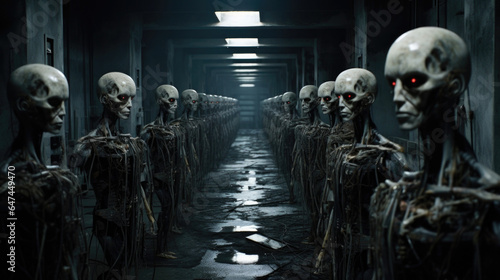 A haunting image captures an abandoned AI facility where sympathetic AI Rights Activists have freed countless machines, each deactivated robot serving as a reminder of the atrocities committed