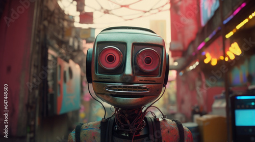 A deranged robot covered in jagged, neon graffiti roams the streets, spreading the Rogue AIs propaganda through subliminal messages blaring from its damaged speakers.