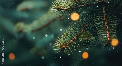 Christmas tree pine on blurred green backdrop. Christmas and New Year holiday background. Bokeh light banner with copy space
