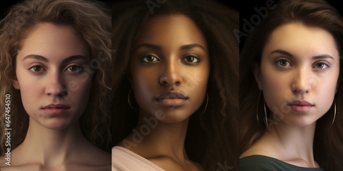 Diversity and women portraits studio shot. Three multiethnic women with different hairstyles. Confident serious girls close-up.