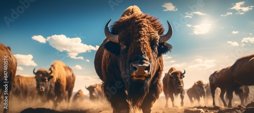 Bison or buffalo herd at field. Generative AI technology.