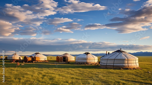 A group of Mongolian yurts on the steppes of Mongolia. 