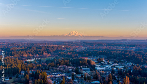Mount Rainier at sunset from above Lacey, Washington in December 