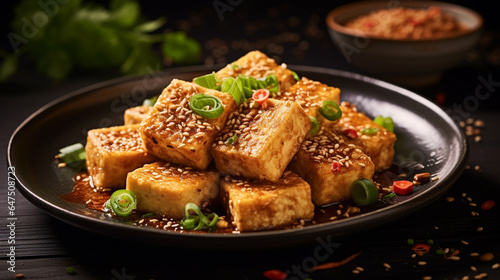 Crispy sesame tofu: Gorgeously golden tofu cubes coated in toasted sesame seeds, offering a delightful crunch and nutty aroma.