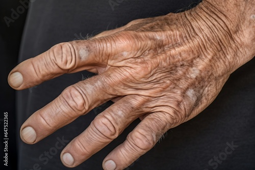 Age spots on hands. They are brown, gray, or black spots and also called liver spots, senile lentigo, solar lentigines, or sun spots, Generative AI