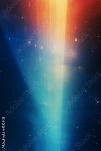 Lens flare background. Dust scratches texture. Blue distressed faded stained screen with smeared dirt noise blur colorful orange rainbow glow defect, Generative AI