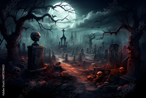 A Halloween background with a creepy pumpkin in the glow of the moon, Scary haunted graveyard and a bats, Skulls and a spooky night, Generative AI