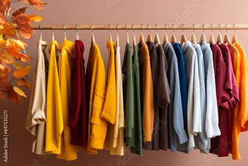 Clothes hanging in row. Many clothes for autumn or fall season. Сlothespin.