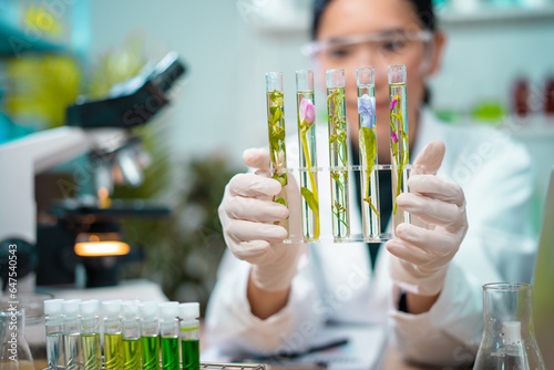 Asian woman scientist plant science laboratory research, biological chemistry test, green nature organic leaf experiment in test tube.