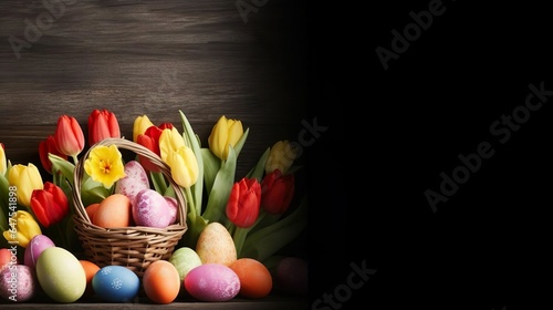 Colorful easter eggs in basket egg in shape of rabbi