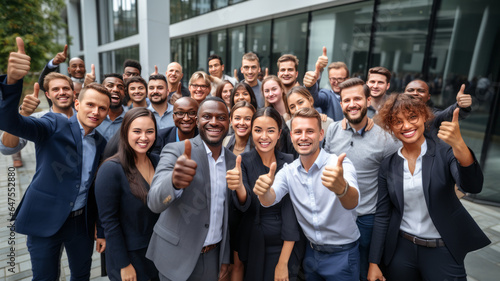 overjoyed young diverse employees workers show thumb up recommend good quality company service.generative ai