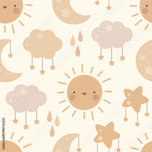 Moon, Sun, Cloud and Stars Cute Seamless Pattern, Cartoon Vector Illustration, Cute Kawaii Cartoon Drawn Background, Isolated Background