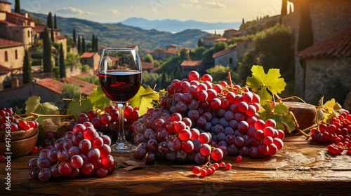 red wine glass and grapes on Wooden Table in Tuscany