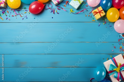 Flatlay Happy birthday background with party decoration as a frame on a bright blue wooden table, topdown view