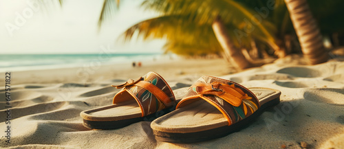 two sandals sitting on the sand with palm trees in the background