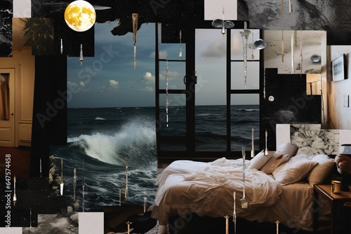 A vision board collage, inspired by melancholy, rain, ocean, night, wet earth, black pepper, cold water, in the style of social media collage