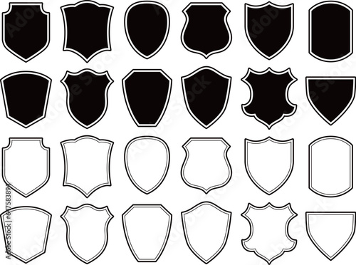 Set of Badge templates in vintage style. Black patch silhouettes. Police badge, shield, labels. Isolated on white background