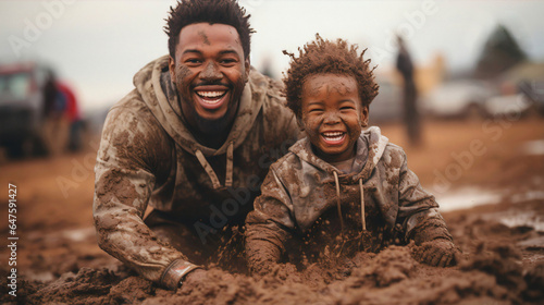 Happy African American Dad playing with his son in the mud