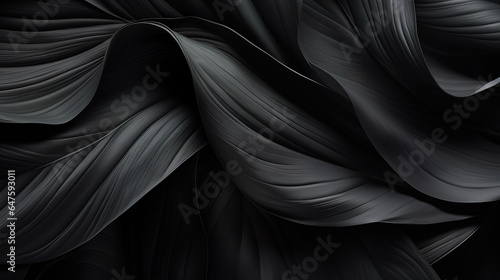 Textures of abstract black matte tropical leaves, waves, for wallpaper
