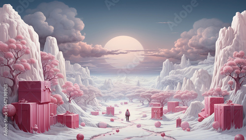 Fantasy landscape with a lonely man standing in the middle of a path that leads to a big red box