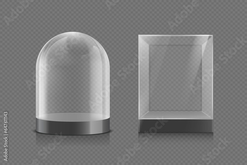 Empty glass case template. Glass dome mockup. Isolated on a transparent background. Vector illustration