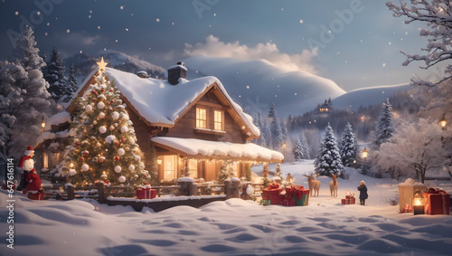 Christmas house in the mountains, Christmas, Christmas Tree, A winter wonderland, illuminated by a dazzling Christmas tree, its lights shimmering in the snow with text space