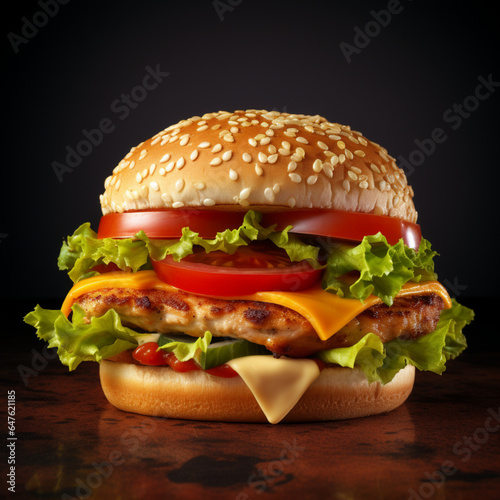 Fotografia de bocadillo de hamburguesa de pollo a la parrilla con lechuta, tomate, mayonesa y queso