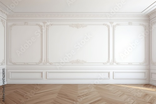 A white wall adorned with classic-style mouldings and a wooden floor