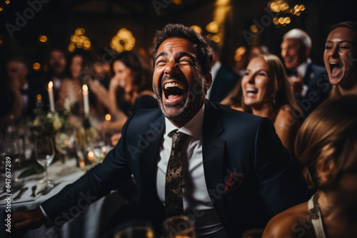 Guests erupt in candid laughter amidst the festive vibrancy of a wedding reception 