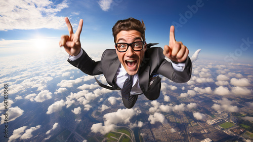 Excited businessman falling down from the sky