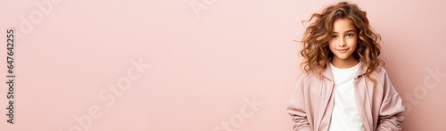 Fashion week kid model isolated on pastel background with a place for text 