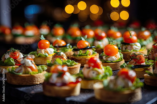 buffet food, catering food party at restaurant, mini canapes, snacks and appetizers