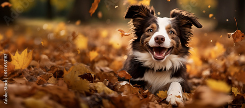 border collie dog having fun in autumn, banner with space for copy