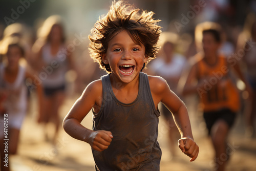 Triumphant young boy brimming with joy crosses the finish line, tears streaming down his face, stirring strong emotions in a testament to determination and achievement.