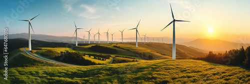 Wind turbines renewable energy, production with clean and renewable energy, view of a wind farm for generating electricity.