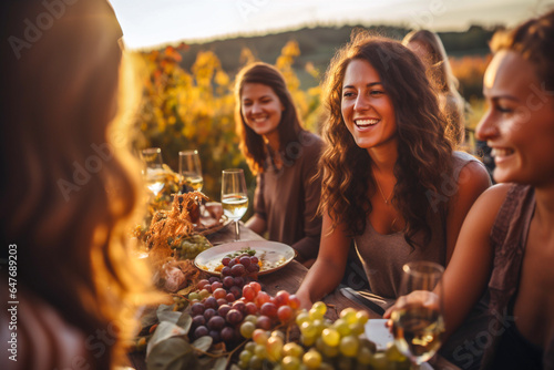 Friends women spending time having lunch with wite wine outside at sunset. Spring summer vacation concept. Friendship and fun outdoors