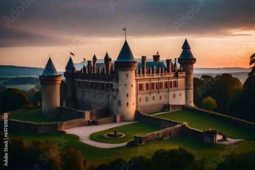 A historical castle transformed into a modern-day palace with time-travel elements at dusk. 
